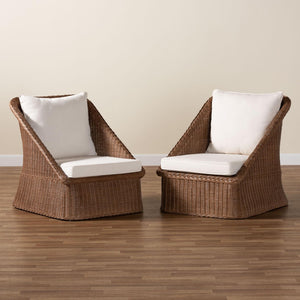 Baxton Studio bali Handcrafted Bohemian 2-Piece Braided Rattan Arm Chair Set with Plush Cushions for Comfort Derris-Peanut Brown/Rattan-CC-2pc Chair Set