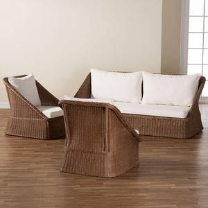 Baxton Studio bali Derris 3-Piece Bohemian Living Room Set – Handcrafted Rattan Sofa & Chairs with Cushions Derris-Peanut Brown/Rattan-3pc Sofa/Chair Set