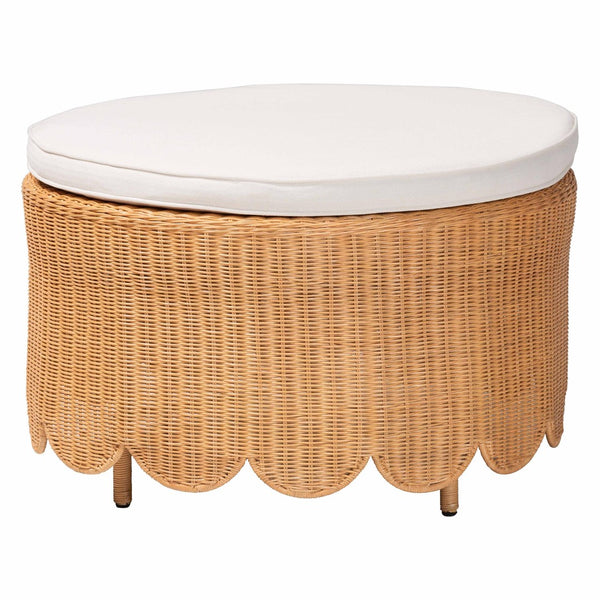 Baxton Studio bali Teresa Bohemian Rattan Ottoman - Handcrafted Light Honey Footstool with Scalloped Design Teresa-Round-Light Honey/Rattan Cushioned-Ottoman