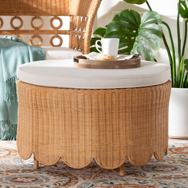 Baxton Studio bali Teresa Bohemian Rattan Ottoman - Handcrafted Light Honey Footstool with Scalloped Design Teresa-Round-Light Honey/Rattan Cushioned-Ottoman