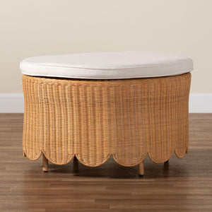 Baxton Studio bali Teresa Bohemian Rattan Ottoman - Handcrafted Light Honey Footstool with Scalloped Design Teresa-Round-Light Honey/Rattan Cushioned-Ottoman
