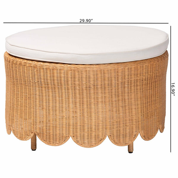Baxton Studio bali Teresa Bohemian Rattan Ottoman - Handcrafted Light Honey Footstool with Scalloped Design Teresa-Round-Light Honey/Rattan Cushioned-Ottoman