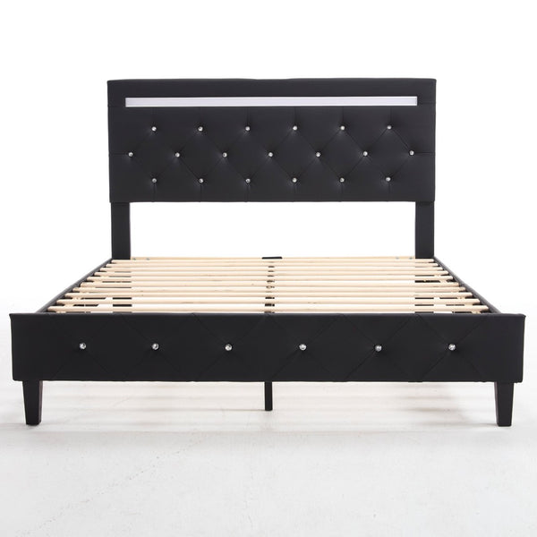 English Elm Queen Platform Bed Wingback Diamond Quilted Headboard Led Lighting Storage Drawers W5722P462498