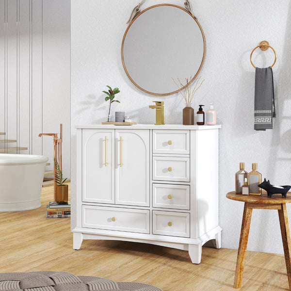 English Elm 35.6" Freestanding Bathroom Vanity with Roman Column Base and Ceramic Integrated Sink White W1801S00003