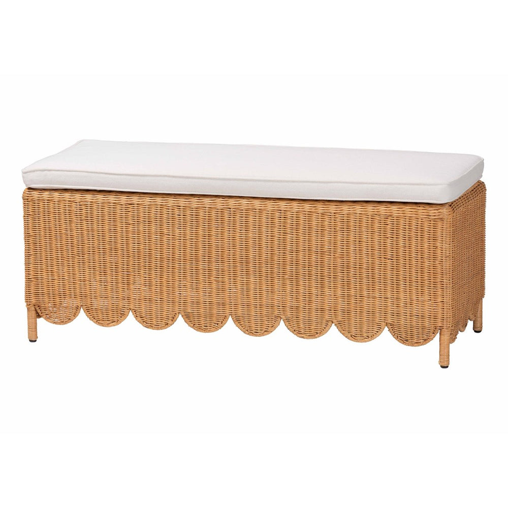 Baxton Studio bali Bali Teresa Bohemian Rattan Ottoman Bench with Scalloped Skirt, Plush Cushion & Tropical Style Teresa-Rectangle-Light Honey/Rattan Cushioned-Ottoman