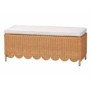 Baxton Studio bali Bali Teresa Bohemian Rattan Ottoman Bench with Scalloped Skirt, Plush Cushion & Tropical Style Teresa-Rectangle-Light Honey/Rattan Cushioned-Ottoman