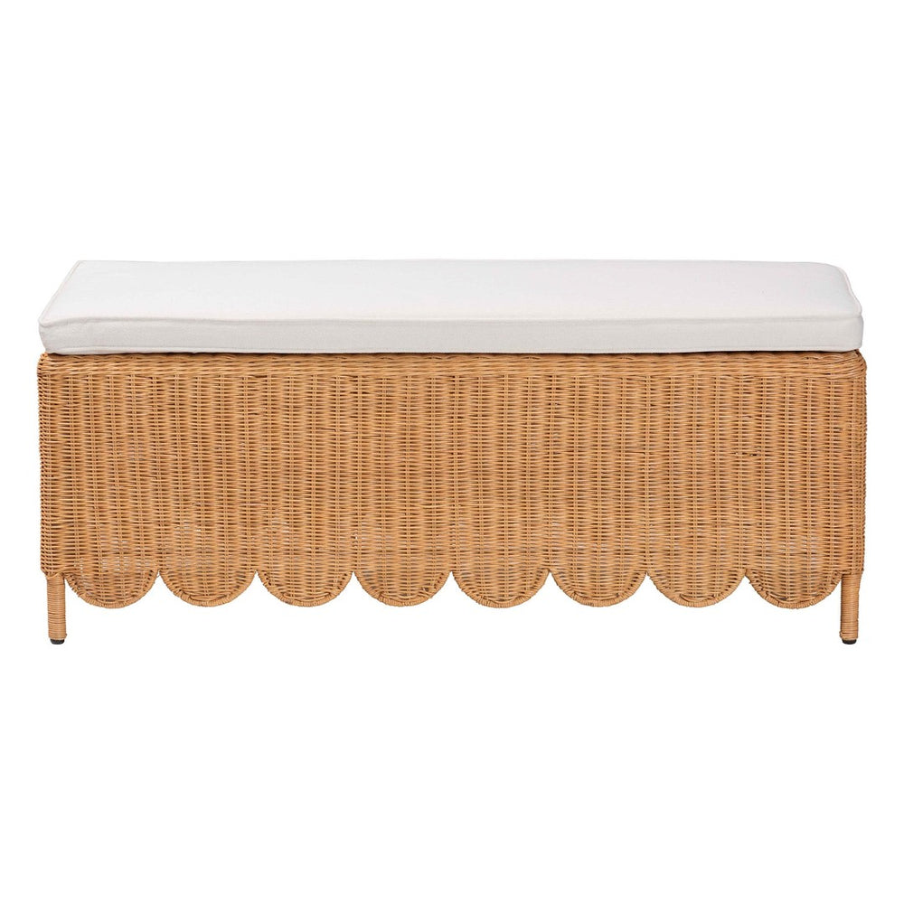 Baxton Studio bali Bali Teresa Bohemian Rattan Ottoman Bench with Scalloped Skirt, Plush Cushion & Tropical Style Teresa-Rectangle-Light Honey/Rattan Cushioned-Ottoman
