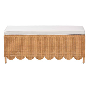 Baxton Studio bali Bali Teresa Bohemian Rattan Ottoman Bench with Scalloped Skirt, Plush Cushion & Tropical Style Teresa-Rectangle-Light Honey/Rattan Cushioned-Ottoman