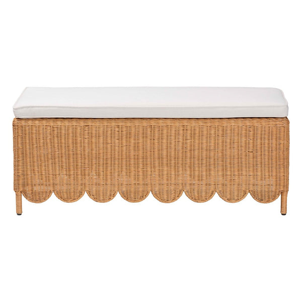 Baxton Studio bali Bali Teresa Bohemian Rattan Ottoman Bench with Scalloped Skirt, Plush Cushion & Tropical Style Teresa-Rectangle-Light Honey/Rattan Cushioned-Ottoman