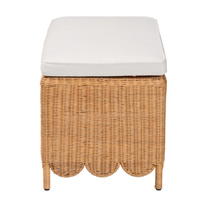 Baxton Studio bali Bali Teresa Bohemian Rattan Ottoman Bench with Scalloped Skirt, Plush Cushion & Tropical Style Teresa-Rectangle-Light Honey/Rattan Cushioned-Ottoman