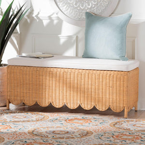 Baxton Studio bali Bali Teresa Bohemian Rattan Ottoman Bench with Scalloped Skirt, Plush Cushion & Tropical Style Teresa-Rectangle-Light Honey/Rattan Cushioned-Ottoman
