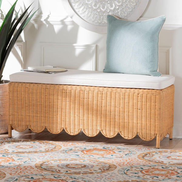 Baxton Studio bali Bali Teresa Bohemian Rattan Ottoman Bench with Scalloped Skirt, Plush Cushion & Tropical Style Teresa-Rectangle-Light Honey/Rattan Cushioned-Ottoman