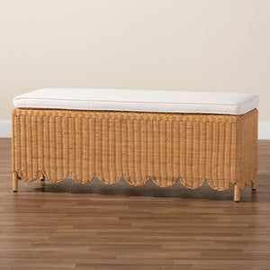Baxton Studio bali Bali Teresa Bohemian Rattan Ottoman Bench with Scalloped Skirt, Plush Cushion & Tropical Style Teresa-Rectangle-Light Honey/Rattan Cushioned-Ottoman