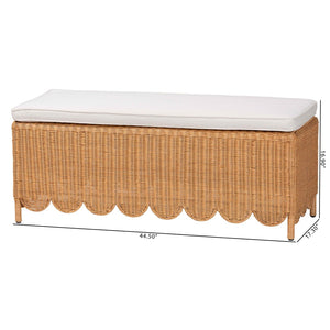 Baxton Studio bali Bali Teresa Bohemian Rattan Ottoman Bench with Scalloped Skirt, Plush Cushion & Tropical Style Teresa-Rectangle-Light Honey/Rattan Cushioned-Ottoman