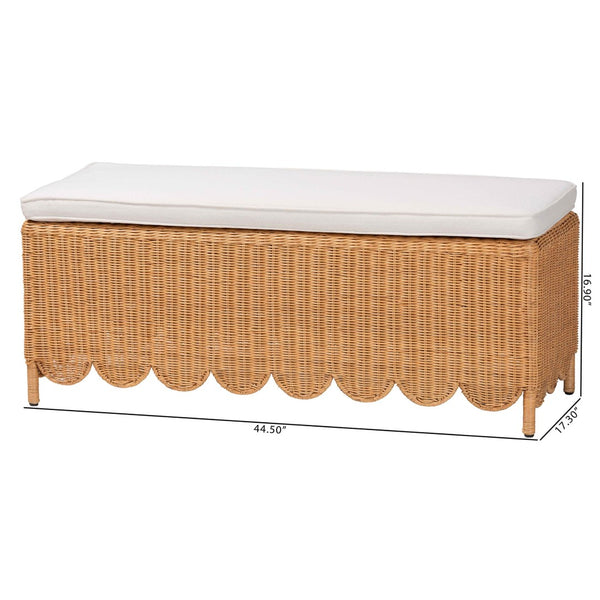 Baxton Studio bali Bali Teresa Bohemian Rattan Ottoman Bench with Scalloped Skirt, Plush Cushion & Tropical Style Teresa-Rectangle-Light Honey/Rattan Cushioned-Ottoman