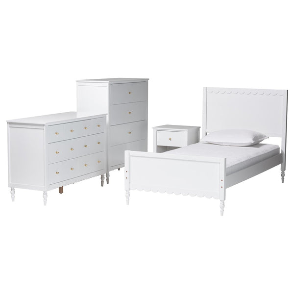 Baxton Studio Baxton Studio Roni Modern White Wood 4-Piece Bedroom Set with Scalloped Edges and Elegant Design Twin Roni-White-Twin 4PC Bedroom Set 2