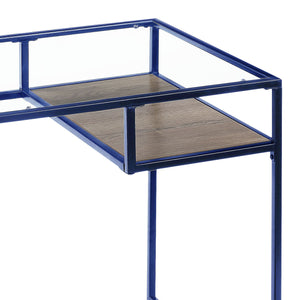 English Elm Yasin Modern Glass Top Writing Desk in Blue Finish with Metal Sled Base and Open Storage Shelf B2726P256257