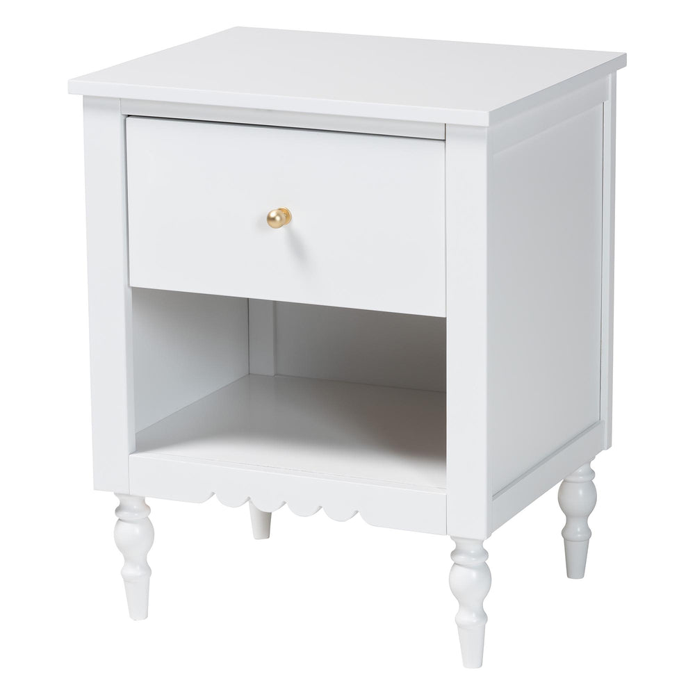 Baxton Studio Roni Modern White Wood Nightstand With Scalloped Edges, Metal Pull, Stylish Storage & Charm White Solid Rubberwood,Mdf Roni-white-ns