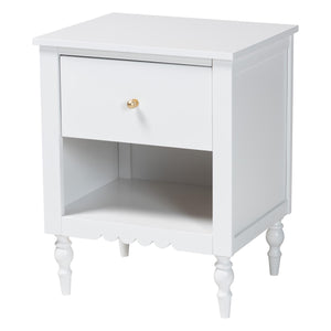Baxton Studio Roni Modern White Wood Nightstand With Scalloped Edges, Metal Pull, Stylish Storage & Charm White Solid Rubberwood,Mdf Roni-white-ns