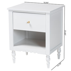 Baxton Studio Roni Modern White Wood Nightstand With Scalloped Edges, Metal Pull, Stylish Storage & Charm White Solid Rubberwood,Mdf Roni-white-ns