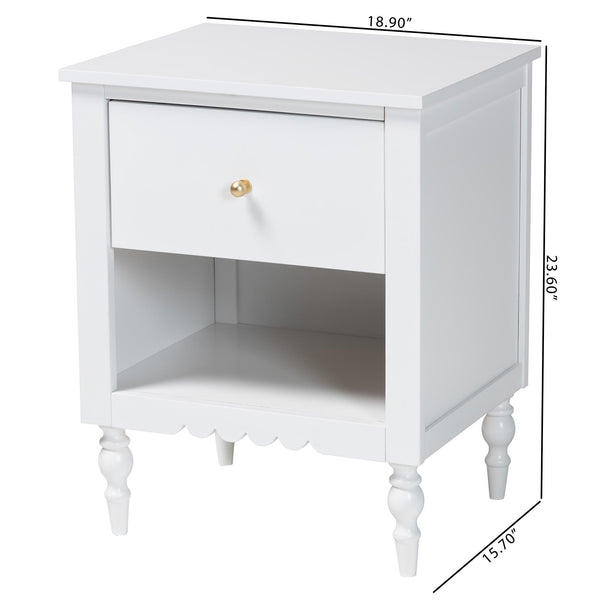 Baxton Studio Roni Modern White Wood Nightstand With Scalloped Edges, Metal Pull, Stylish Storage & Charm White Solid Rubberwood,Mdf Roni-white-ns