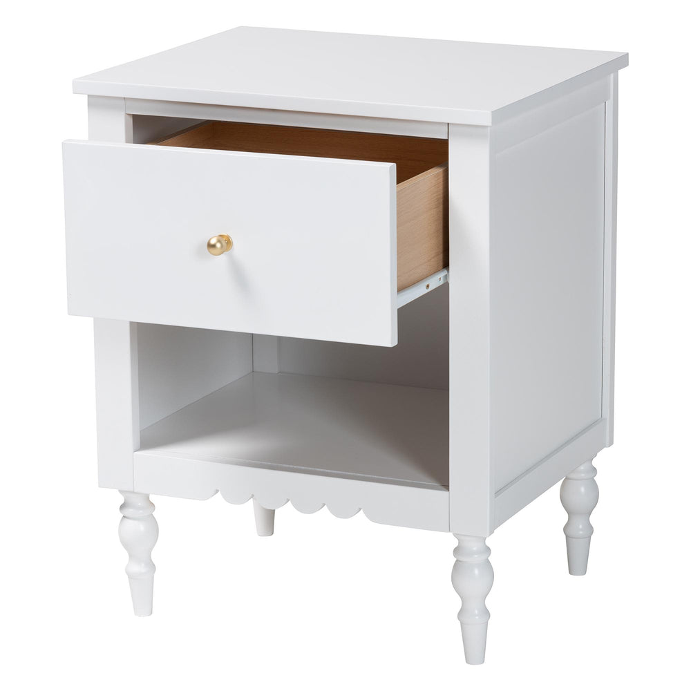 Baxton Studio Roni Modern White Wood Nightstand With Scalloped Edges, Metal Pull, Stylish Storage & Charm White Solid Rubberwood,Mdf Roni-white-ns