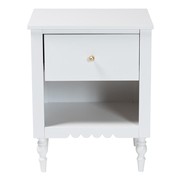 Baxton Studio Roni Modern White Wood Nightstand With Scalloped Edges, Metal Pull, Stylish Storage & Charm White Solid Rubberwood,Mdf Roni-white-ns