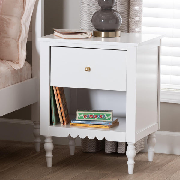 Baxton Studio Roni Modern White Wood Nightstand With Scalloped Edges, Metal Pull, Stylish Storage & Charm White Solid Rubberwood,Mdf Roni-white-ns