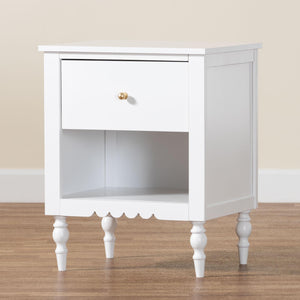 Baxton Studio Roni Modern White Wood Nightstand With Scalloped Edges, Metal Pull, Stylish Storage & Charm White Solid Rubberwood,Mdf Roni-white-ns
