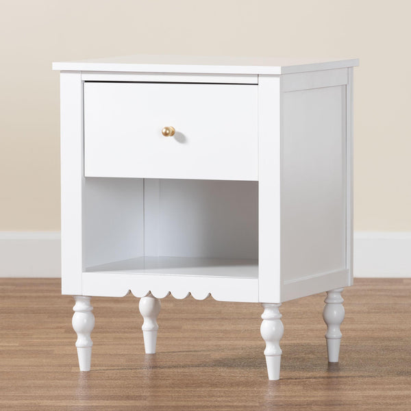 Baxton Studio Roni Modern White Wood Nightstand With Scalloped Edges, Metal Pull, Stylish Storage & Charm White Solid Rubberwood,Mdf Roni-white-ns