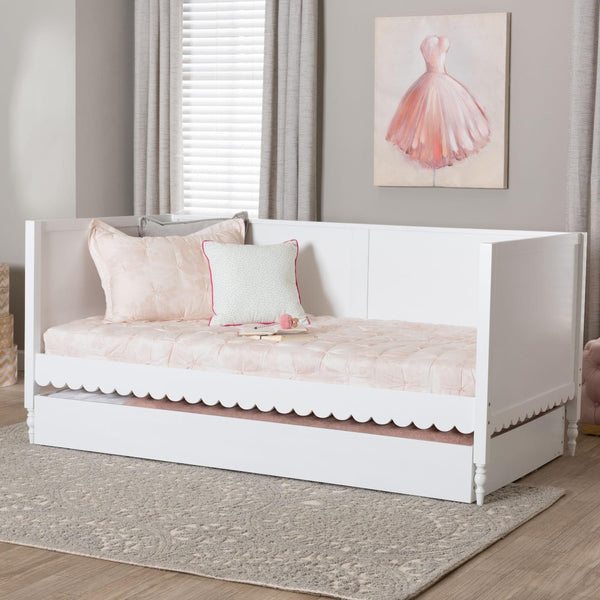 Baxton Studio Baxton Studio Roni Twin Daybed with Trundle - Stylish Scalloped Design for Space-Saving Comfort Roni-White-Daybed with Trundle