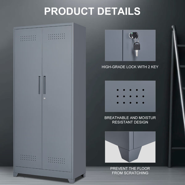 English Elm Gray Steel Locking Tall Storage Cabinet with Adjustable Shelves for Kitchen or Shop Grey T3625P372658