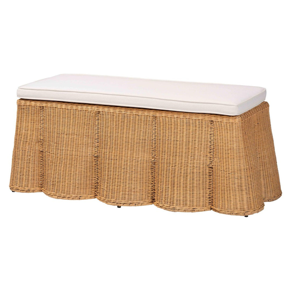 Baxton Studio bali Palm Scallop Rattan Ottoman with Cushion - Handwoven Coastal Boho Accent Bench for Any Room Palm-Light Honey Rattan-Rectangle Ottoman w/ Cushion