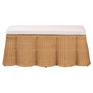 Baxton Studio bali Palm Scallop Rattan Ottoman with Cushion - Handwoven Coastal Boho Accent Bench for Any Room Palm-Light Honey Rattan-Rectangle Ottoman w/ Cushion