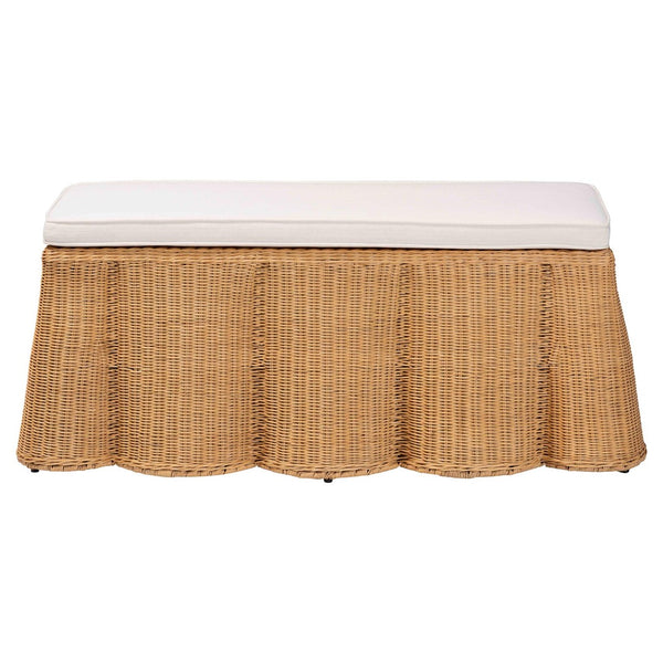 Baxton Studio bali Palm Scallop Rattan Ottoman with Cushion - Handwoven Coastal Boho Accent Bench for Any Room Palm-Light Honey Rattan-Rectangle Ottoman w/ Cushion