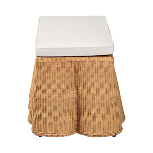 Baxton Studio bali Palm Scallop Rattan Ottoman with Cushion - Handwoven Coastal Boho Accent Bench for Any Room Palm-Light Honey Rattan-Rectangle Ottoman w/ Cushion