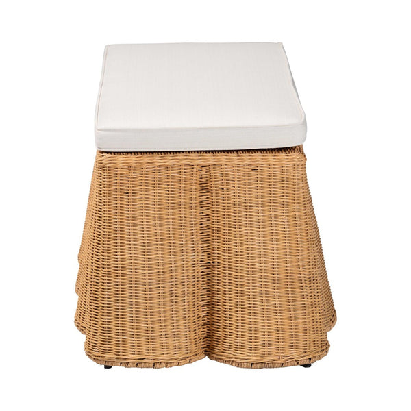 Baxton Studio bali Palm Scallop Rattan Ottoman with Cushion - Handwoven Coastal Boho Accent Bench for Any Room Palm-Light Honey Rattan-Rectangle Ottoman w/ Cushion