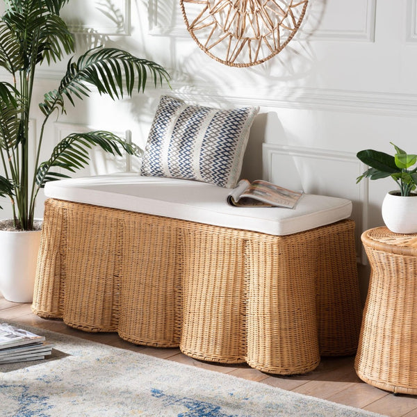 Baxton Studio bali Palm Scallop Rattan Ottoman with Cushion - Handwoven Coastal Boho Accent Bench for Any Room Palm-Light Honey Rattan-Rectangle Ottoman w/ Cushion