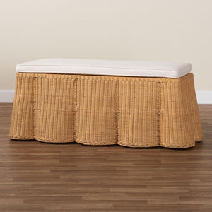 Baxton Studio bali Palm Scallop Rattan Ottoman with Cushion - Handwoven Coastal Boho Accent Bench for Any Room Palm-Light Honey Rattan-Rectangle Ottoman w/ Cushion