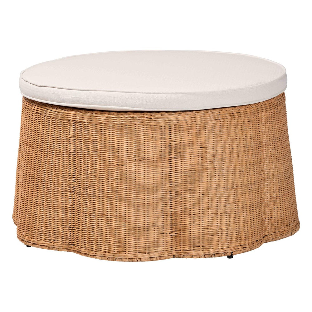Baxton Studio bali Palm Scallop Natural Rattan Ottoman - Handwoven Coastal Boho Accent Stool for Any Space 32" Palm-Light Honey Rattan-90cm Round Ottoman w/Cushion