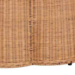 Baxton Studio bali Palm Scallop Natural Rattan Ottoman - Handwoven Coastal Boho Accent Stool for Any Space 32" Palm-Light Honey Rattan-90cm Round Ottoman w/Cushion