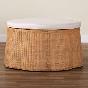 Baxton Studio bali Palm Scallop Natural Rattan Ottoman - Handwoven Coastal Boho Accent Stool for Any Space 32" Palm-Light Honey Rattan-90cm Round Ottoman w/Cushion