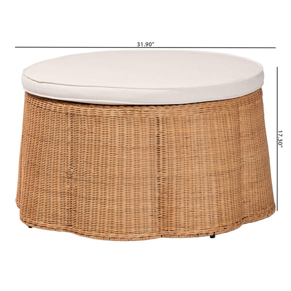 Baxton Studio bali Palm Scallop Natural Rattan Ottoman - Handwoven Coastal Boho Accent Stool for Any Space 32" Palm-Light Honey Rattan-90cm Round Ottoman w/Cushion