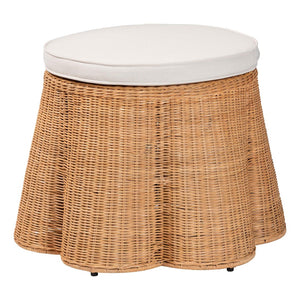 Baxton Studio bali Palm Scallop Natural Rattan Ottoman - Handwoven Coastal Boho Accent Stool for Any Space 26" Palm-Light Honey Rattan-51cm Round Ottoman w/Cushion