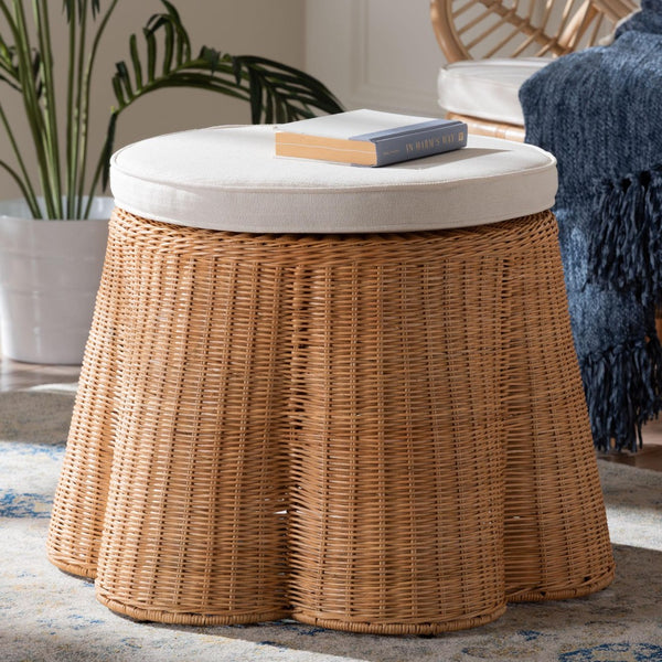 Baxton Studio bali Palm Scallop Natural Rattan Ottoman - Handwoven Coastal Boho Accent Stool for Any Space 26" Palm-Light Honey Rattan-51cm Round Ottoman w/Cushion