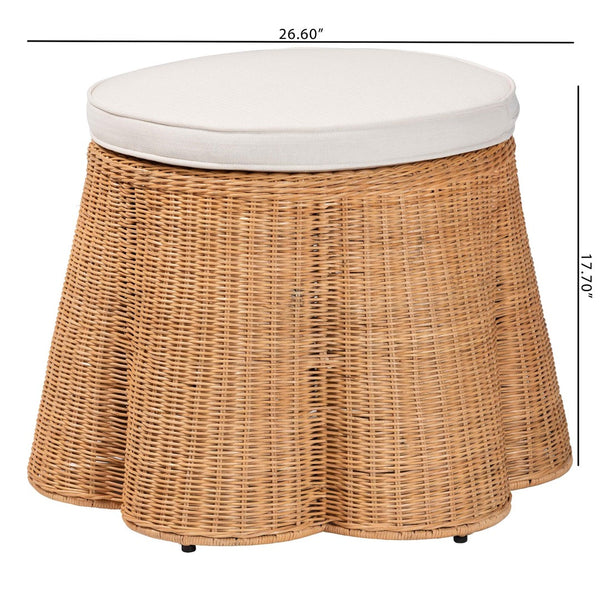 Baxton Studio bali Palm Scallop Natural Rattan Ottoman - Handwoven Coastal Boho Accent Stool for Any Space 26" Palm-Light Honey Rattan-51cm Round Ottoman w/Cushion