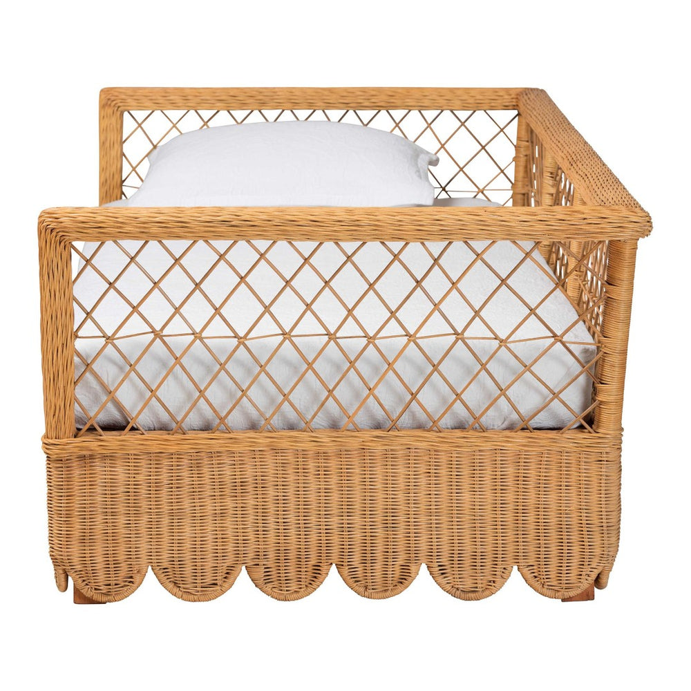 Baxton Studio bali Teresa Handwoven Rattan Daybed - Coastal Boho Lounge with Scalloped Edge, Open Lattice Frame Teresa-Light Honey Rattan-Daybed