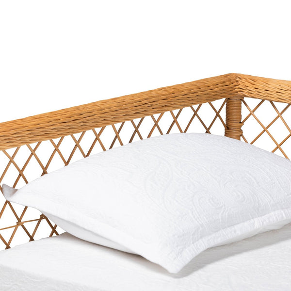 Baxton Studio bali Teresa Handwoven Rattan Daybed - Coastal Boho Lounge with Scalloped Edge, Open Lattice Frame Teresa-Light Honey Rattan-Daybed