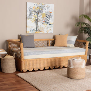 Baxton Studio bali Teresa Handwoven Rattan Daybed - Coastal Boho Lounge with Scalloped Edge, Open Lattice Frame Teresa-Light Honey Rattan-Daybed