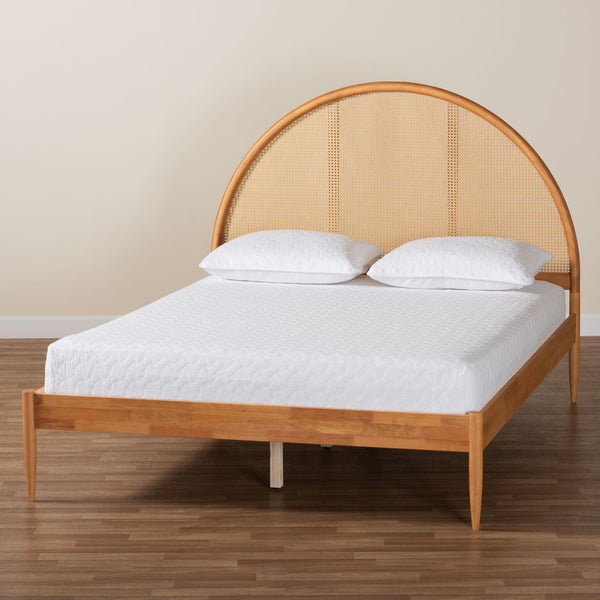 Baxton Studio Baxton Studio Wrenley Japandi Queen Bed - Elegant Oak Brown Wood with Woven Rattan Headboard Design MG0238-NTOak/5703R Rattan-Queen